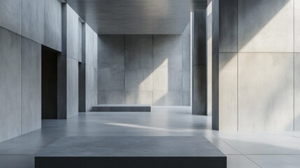 Obraz premium Gray concrete gallery interior with geometric walls. 3D Rendering.,