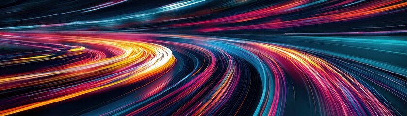 A vibrant composition of colorful light trails depicting speed and motion in an abstract style.
