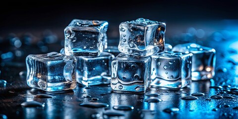 Ice cubes melting in dark liquid reflecting light, symbolizing refreshment, relaxation, purity, coldness, and luxury