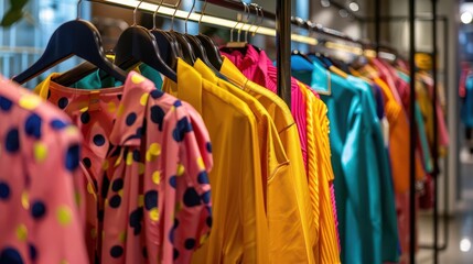 Obraz premium retail therapy colorful clothes hanging on rack in stylish boutique vibrant fashion display inviting shopping experience commercial interior photography