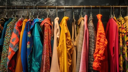 Fototapeta premium retail therapy colorful clothes hanging on rack in stylish boutique vibrant fashion display inviting shopping experience commercial interior photography