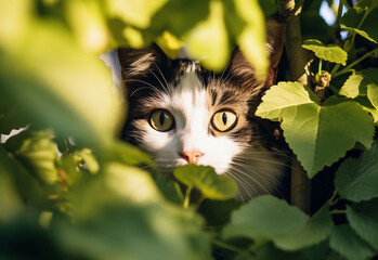 a cat peeking into a tree, in the style of white and black, viennese actionism, national geographic photo, naturalistic poses