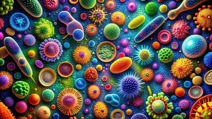 Vibrant, multicolored microorganism patterns in a captivating visual composition showcasing the beauty of bacteria