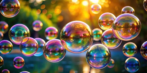 Floating soap bubbles reflecting colorful light in the air, bubble, soap, floating, reflection, colorful, light, air,round