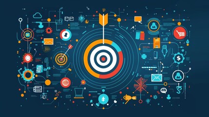 Obraz premium Goals from marketing companies It should be a circle with a target. There is a dart in the middle. and has various icon elements surrounding it
