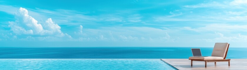 Fototapeta premium Laptop on a lounger by an infinity pool overlooking the ocean representing luxury remote work lifestyle