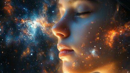 Obraz premium Beautiful young woman’s face blending with a vivid cosmic background of nebulae and stars symbolizing fantasy and dreaminess new beautiful stock image illustration AI