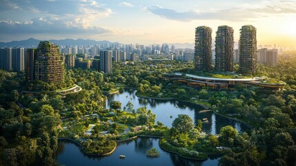 Overhead panorama of a smart city, where futuristic design and sustainability are seamlessly integrated. Vertical gardens adorn tall buildings, while MICE freeform structures and sports entertainment