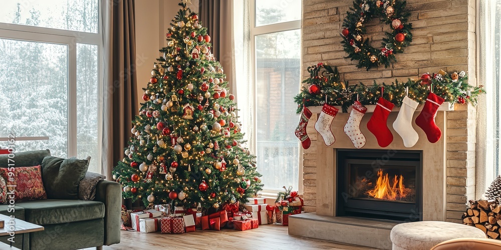 Poster A living room displays a stunning Christmas tree filled with ornaments and lights, complemented by a warm fireplace and festive stockings hung above