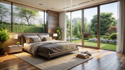 Modern bedroom with garden view through large window, modern, bedroom, style, interior, garden, view, large window, sunlight