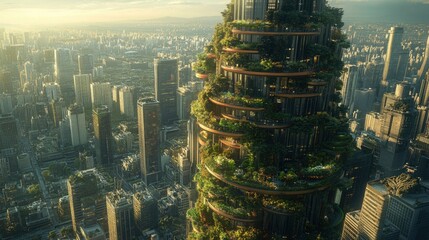 Obraz premium Aerial view of a smart city focused on sustainability, featuring futuristic skyscrapers with vertical gardens. The panorama captures MICE freeform architecture and sports entertainment venues, all