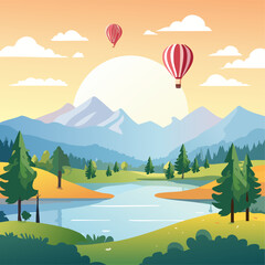 a landscape of 1920x1080 px lakes, ards, mountains, forrest, and sky in beautiful gradient colored