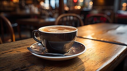 Coffee in grey cup on wooden table in cafe