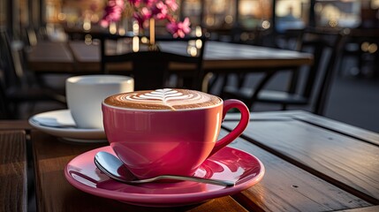 Fototapeta premium Coffee in pink cup on wooden table in cafe