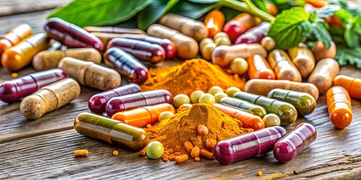 Colorful arrangement of multivitamin capsules and turmeric roots on a wooden table showcasing natural ingredients for appetite and well-being