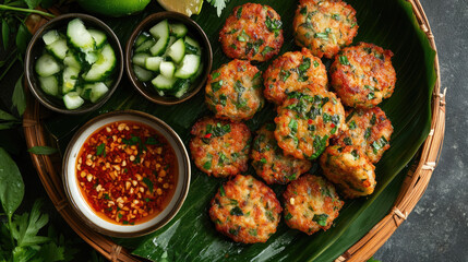 A platter of Thai fish cakes (Tod Mun Pla) with cucumber relish and sweet chili sauce, served on a banana leaf, top view.