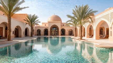 Naklejka premium A serene pool area surrounded by elegant architecture and palm trees under a clear sky.