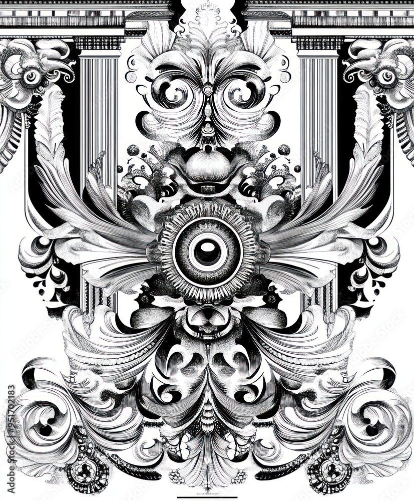 Canvas Prints Ornate black and white decorative design featuring intricate floral patterns and shapes.