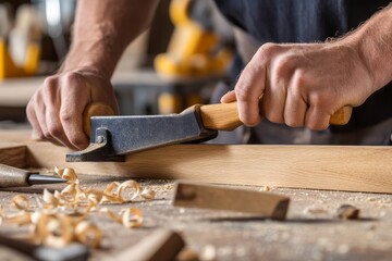 Carpenter Shaping Wood with Hand Plane