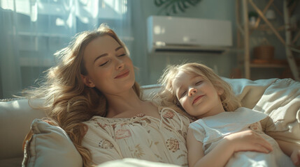 Mother and daughter relaxing together on a sunny day with air conditioning keeping them cool and comfortable