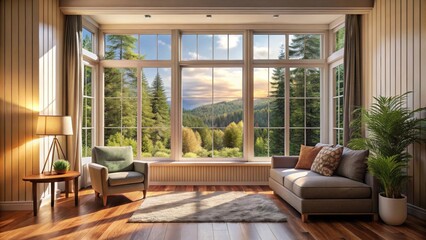 A cozy room with a large window offering natural light and a view of the outdoors, room, window, interior, cozy