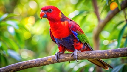 Obraz premium Hematode trichoglossus Lori parrot perched on a tree branch in close up macro shot, Hematode, trichoglossus, Lori parrot