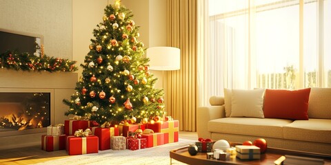 Obraz premium araffy christmas tree with presents and presents on a living room floor