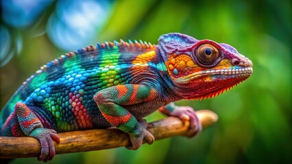 Obraz premium Chameleon blending into multicolored scales on a branch , camouflaged, reptile, color-changing, nature, wildlife, tropical