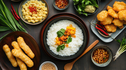 A traditional Thai breakfast setting with Jok (rice porridge), fried dough sticks, and condiments like soy sauce and pepper, top view.