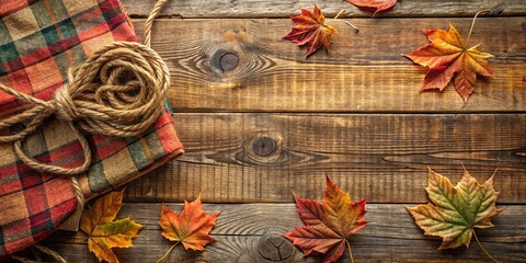 Rustic plaid flannel pattern on worn wooden background with autumn leaves and twine