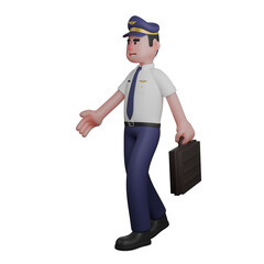 Pilot's Daily Routine in 3D. A pilot is walking with his left hand carrying a black bag. Male Cartoon