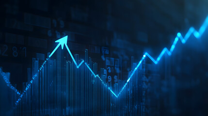 Blue growth graph business chart data diagram on success financial presentation background with abstract up arrow bar symbol or finance marketing price statistic and economy market profit investment.