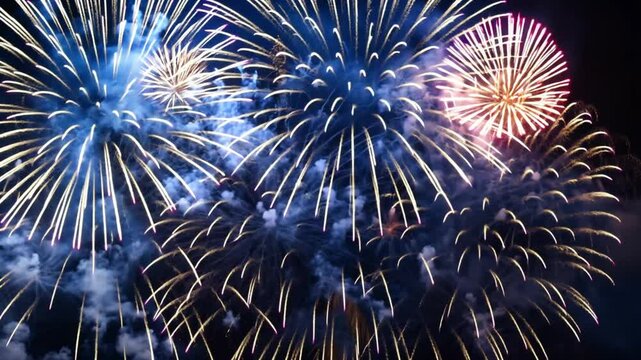 4K New Year's Eve fireworks loop with a real fireworks background that is seamless. abstract Fireworks display with bokeh lights and a multicolored, golden glow in the night sky. 4k video