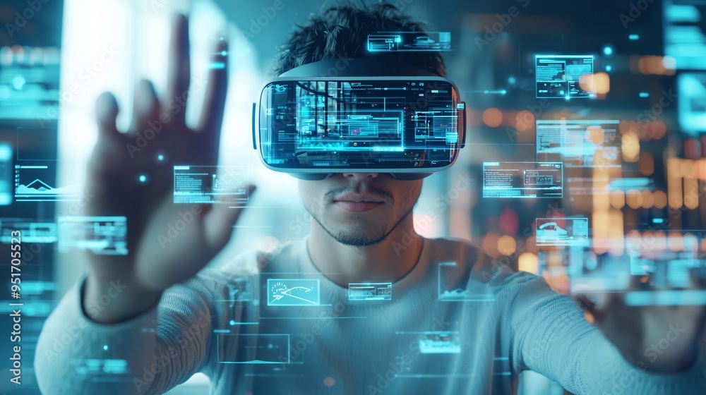 Poster virtual reality scene of a user building a website in a 3d environment, immersive web development co