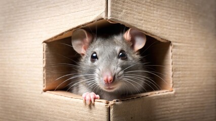 Fototapeta premium Rat peeking out of hole in cardboard box, rat, rodent, box, peeking, hole, curious, furry, small, cute, animal, wildlife, grey
