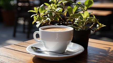 Coffee in white cup on wooden table in cafe