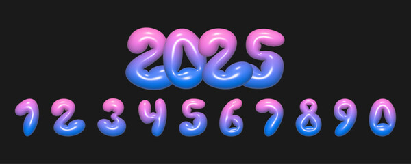 Creative 3D numbers from 1 to 0. Illustration inspired by balloons with a gradient from pink to blue, shiny reflective plastic texture.