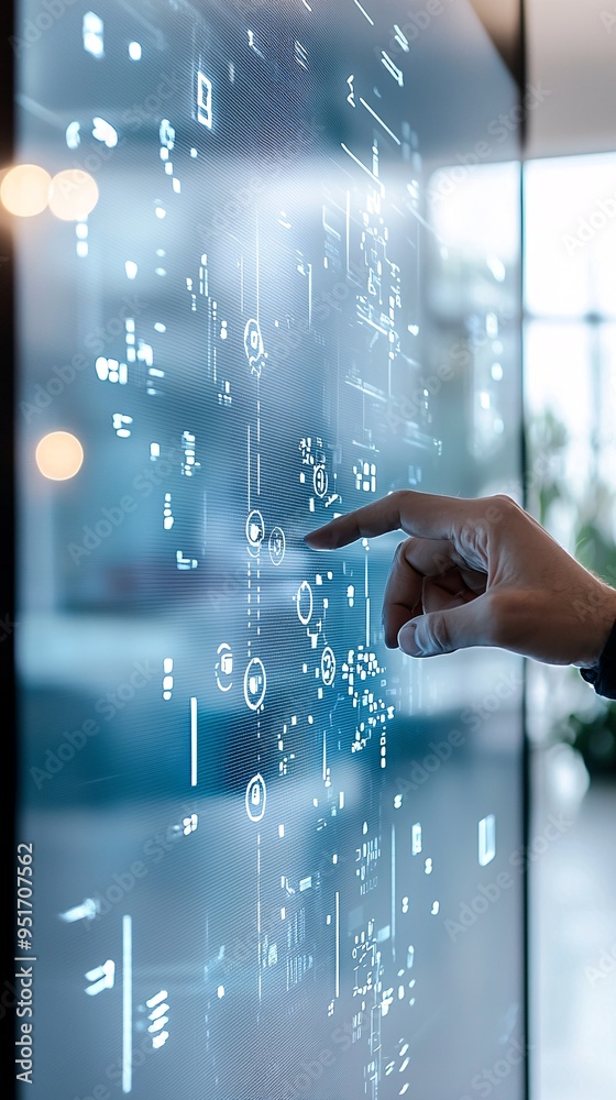 Poster user interacting with a website prototype on a large touch screen, interactive design concept, user 