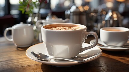 Fototapeta premium Coffee in white cup on wooden table in cafe