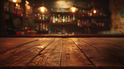 rustic wooden bar counter in dimly lit vintage pub rich wood grain texture soft ambient lighting bottles silhouetted in background moody atmosphere