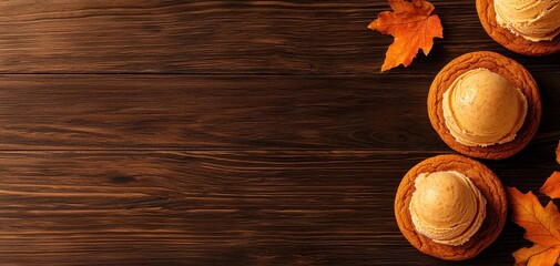 Autumn-themed image of three pies topped with scoops of ice cream on a wooden table, accented with orange leaves
