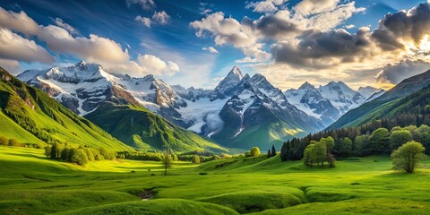 Obraz premium Majestic mountain valley with snow capped peaks and lush green grass, symbolizing tranquility and vastness