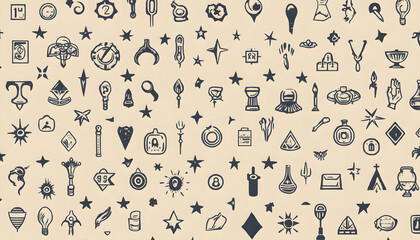 Fototapeta premium Repeating small icons, like stars, dots, or simple symbols, evenly spaced on a neutral background for a subtle pattern.