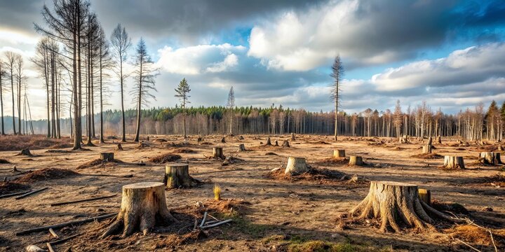 A stark barren landscape with bare trunks and stumps amidst felled trees