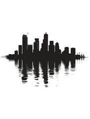Fototapeta premium A black and white silhouette of a city skyline reflected in the water.