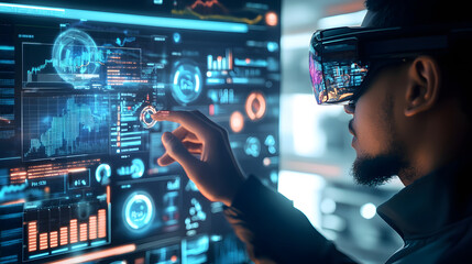 Man wear VR headset glasses goggles futuristic digital virtual world future technology metaverse cyberspace interaction reality 3D data graphs chart trend Research investment analysis finance
