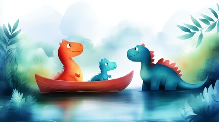cartoon dinosaur family enjoying a serene boat ride on a watercolor-painted lake, with lush greenery and soft, pastel colors all around