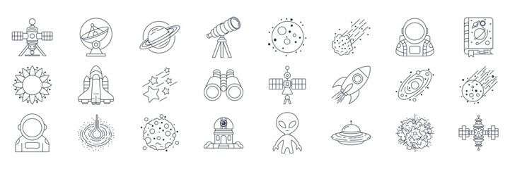 astronomy icons set, Included icons as Asteroid, Binoculars, Satellite, Rocket and more symbols collection, logo isolated vector illustration