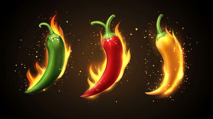 Spicy level labels featuring vector illustrations of jalapeño, chili, and cayenne peppers with fire flames. Includes green, red, yellow, and orange rating signs indicating hot, extra hot, and mild
