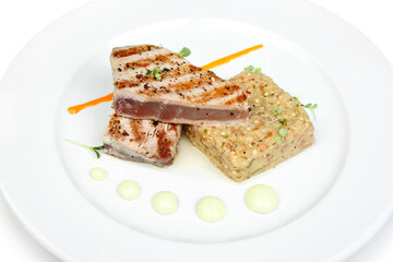 Grilled Meat with Gourmet Presentation on White Plate